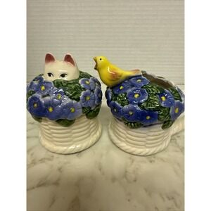 Set Of 2 Clay Art Cat In The Primrose Sugar Bowl & Bird Creamer Made In Portugal